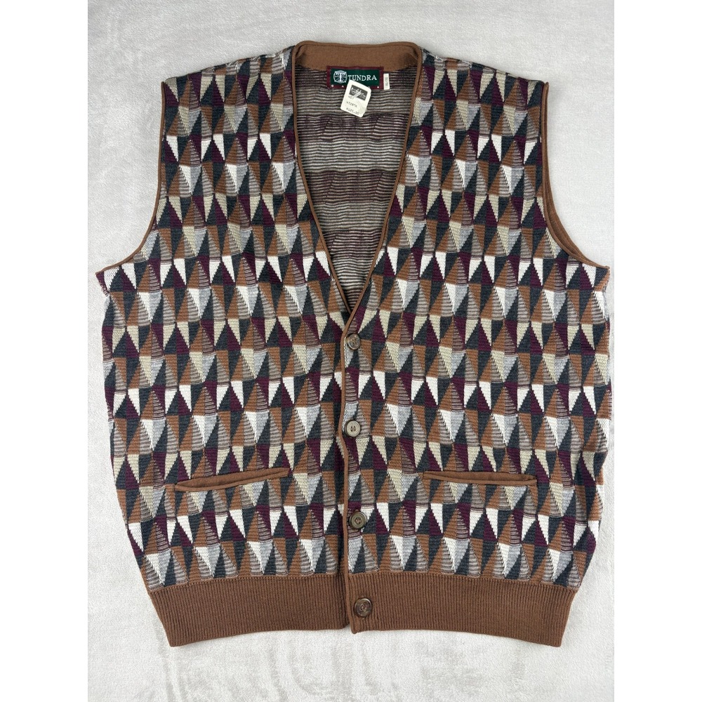 Tundra Canada Mens XL Merino Wool Geometric Knit Button Front Sweater Vest Brown